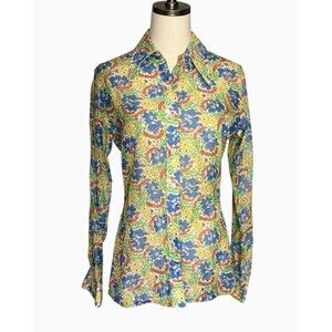Vintage 60's 70's Polyester Button-Up Blouse Floral 11/12 Retro Hippie Collared